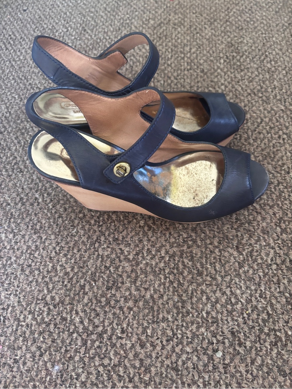 Coach Navy Leather Wedge Sandals with Tan Wood Platform - Picture 5 of 6